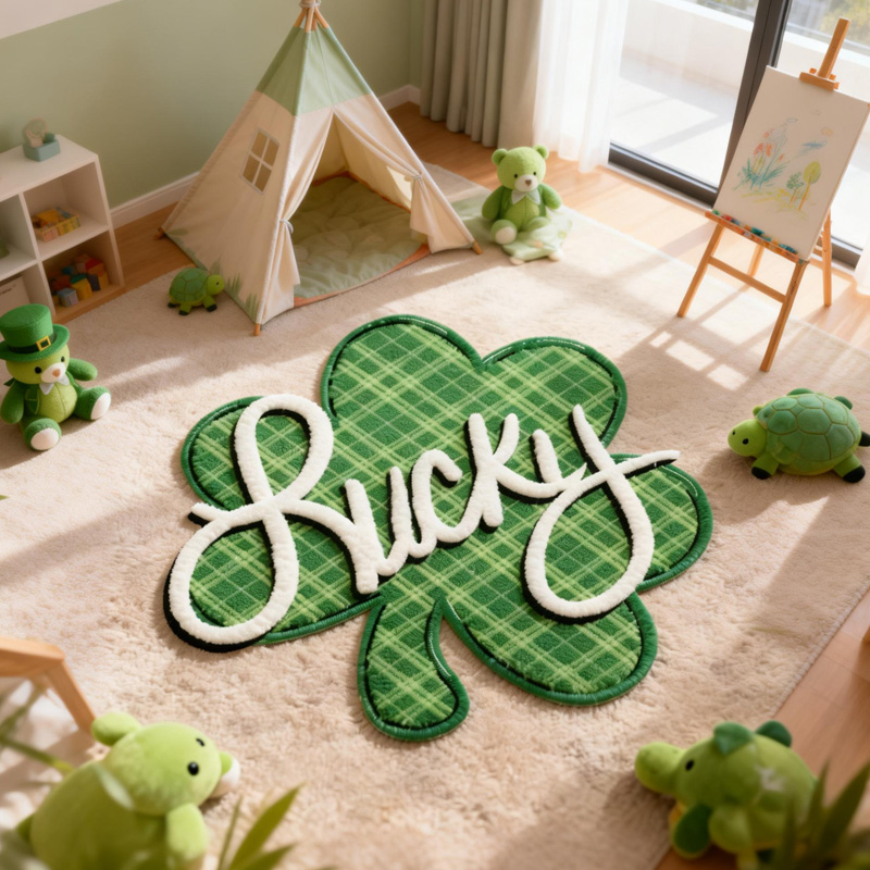 Personalized Lucky Green Plaid Shamrock Clover St Patricks Day Custom Name Soft Playroom Decor Carpet Rug for Kids