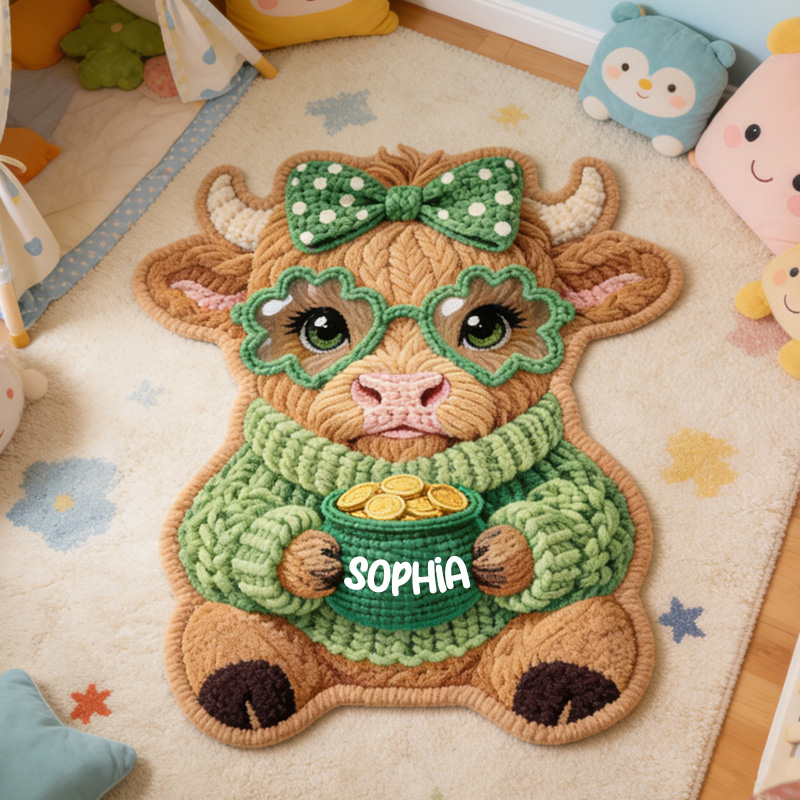Personalized Cute Green Bow Highland Cow Holding Gold Pot St Patricks Day Custom Name Playroom Decor Carpet Rug for Kids