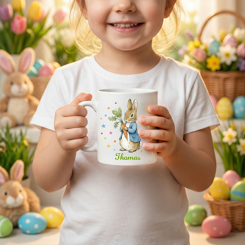 Personalized Cute Easter Bunny Holding Flowers and Eggs Spring Colorful Custom Name Family Gift Coffee Tea Mug