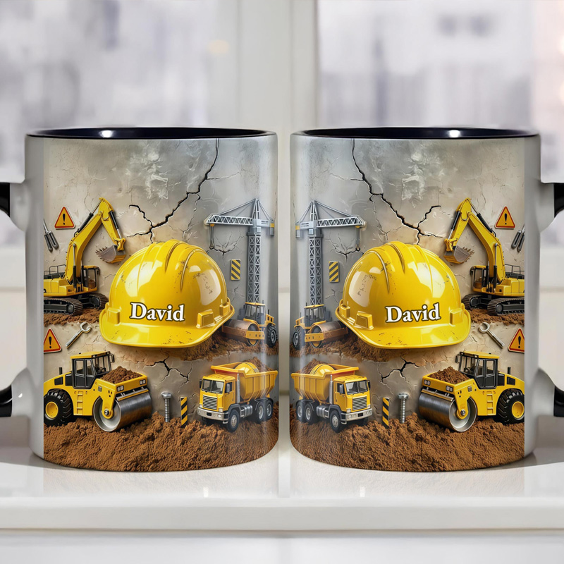 Personalized Construction Trucks Excavator Crane Hard Hat Builder Theme Custom Name Boys Birthday Gift Coffee Mug