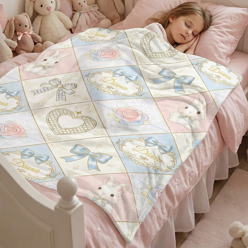 Personalized Cute Bunny Bow Heart Diamond Pattern pastel Blue Pink Baby Nursery Custom Name Soft Cozy Blanket