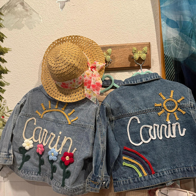Personalized Sun and Flowers Embroidery Name Custom Cute Spring Garden Style Toddler Outfit Gift Kid Knitted Denim Jacket