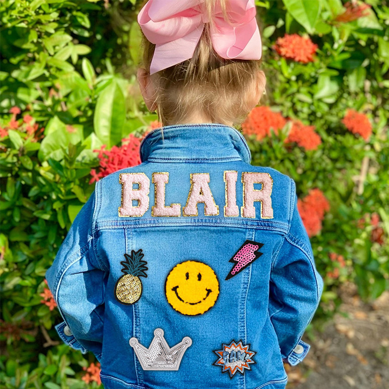 Personalized Rainbow Dream Horse Smiley Butterfly Lightning Patch Custom Name Colorful Fun Style Kid Denim Jacket
