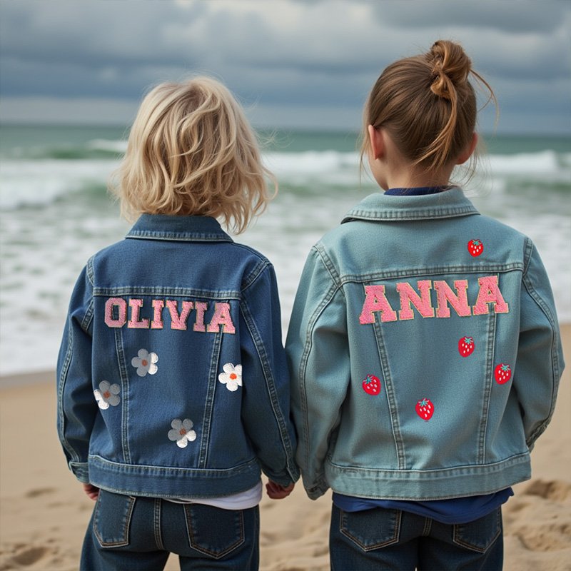 Personalized Pink Flower Custom Name Matching Sisters Outfit Spring Cute Style Kid Denim Jacket