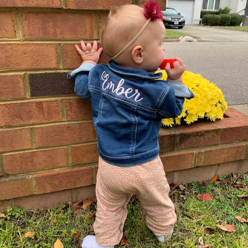 Personalized Elegant Script Name Custom Minimalist Style Classic Chic Outfit Gift Kid Denim Jacket
