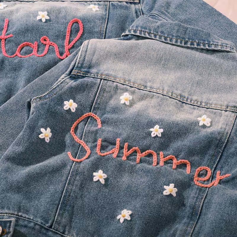 Personalized Star Embroidered Custom Name Glitter Sparkle Cute Playful Style Toddler Girl Outfit Gift Kid Denim Jacket