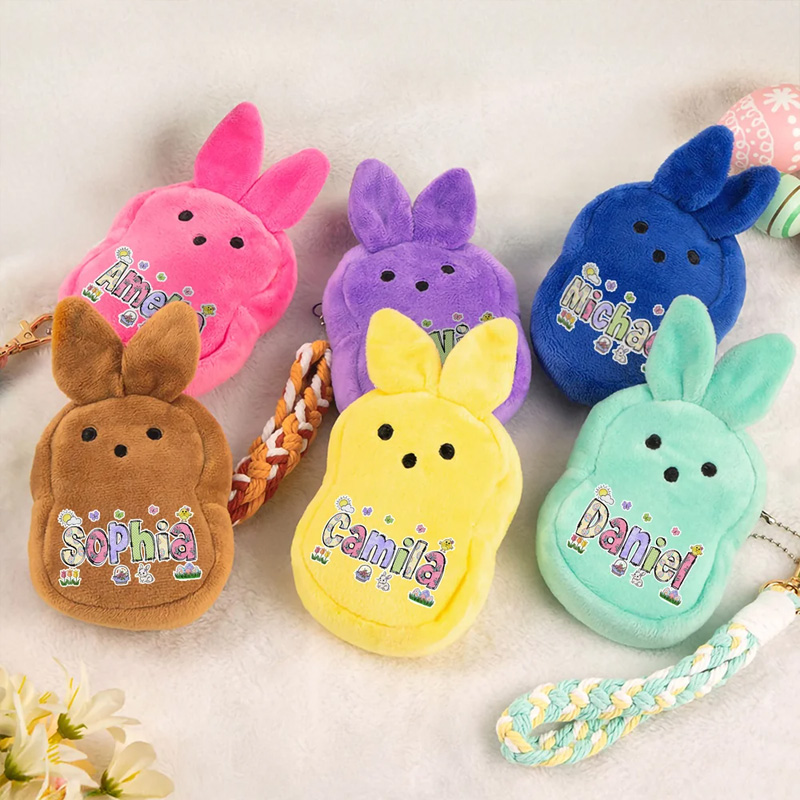 Personalized Macaron Color Cute Bunny Plush Coin Purse Wallet with Name and Wrist Strap Easter Basket Stuffers Easter Party Favor Gift for Kids