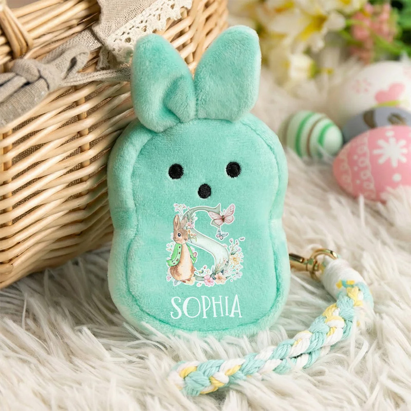 Personalized Mini Cute Peter Rabbit Flower Butterfly Initial Plush Wallet Coin Purse with Name Easter Birthday Gift for Kids