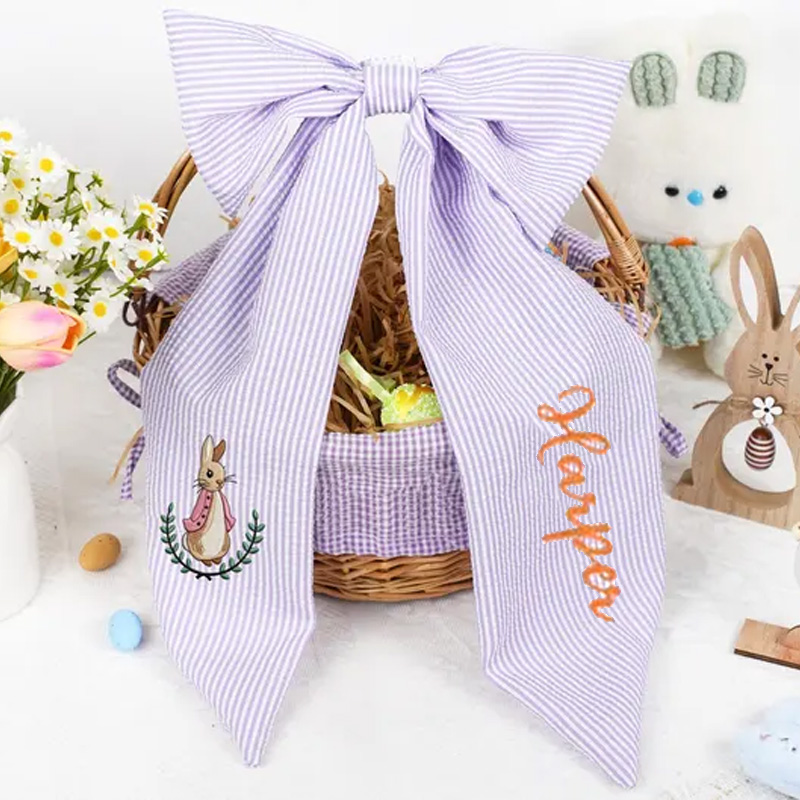 Personalized Embroidered Embroidery Name Basket Bow Custom Seersucker Ribbon with Bunny Design for Kids