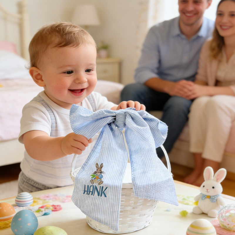 Personalized Embroidered Name Easter Basket Cover Custom Blue Seersucker Fabric with Bunny Design Bow