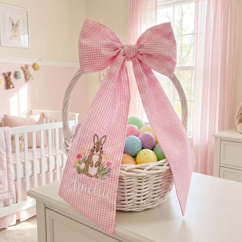 Personalized Embroidered Easter Basket Bow Custom Pink Seersucker Fabric with Bunny Design Decoration