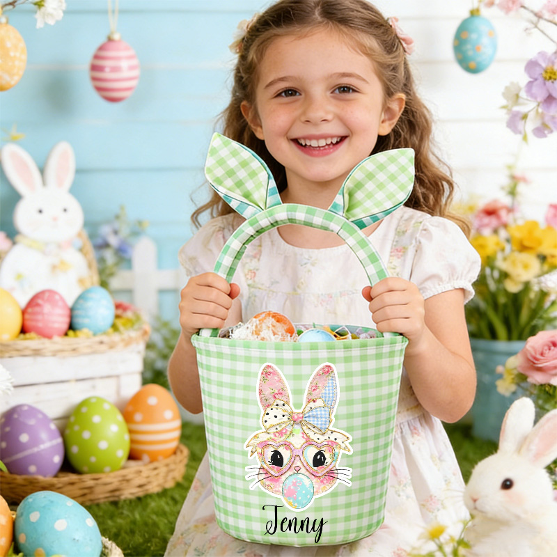 Personalized Easter Basket Custom Gingham Fabric with Bunny Face and Name for Kids