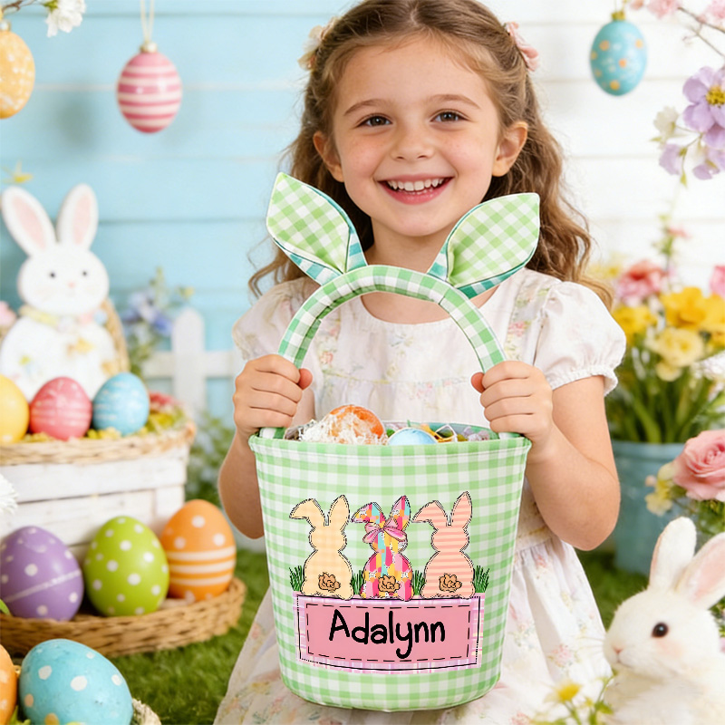 Personalized Easter Basket Custom Gingham Fabric with Bunny Ears and Name for Kids Egg Hunt