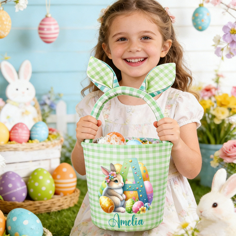 Personalized Easter Basket Custom Gingham Fabric with Bunny Ears and Cute Animal Design for Kids