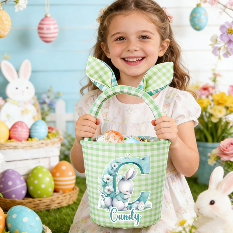 Personalized Adorable Bunny Ears Custom Name Gingham Fabric Kids Easter Egg Hunt Basket