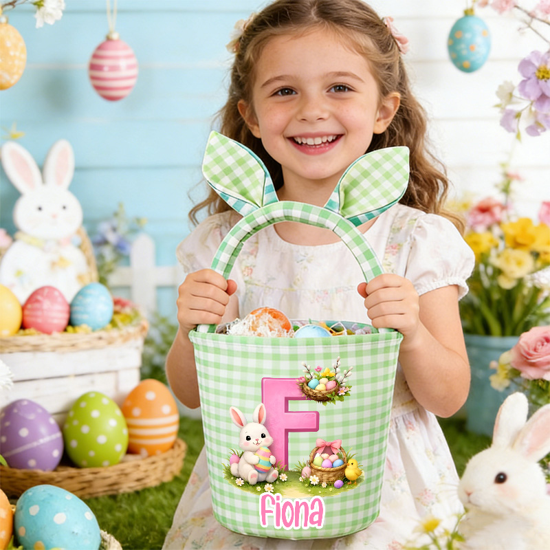 Personalized Adorable Bunny Ears Custom Name Initial Gingham Fabric Easter Basket