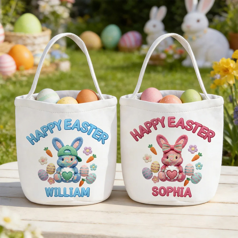 Personalized Happy Easter Faux Yarn Bunny Large Capacity Canvas Easter Basket with Name Easter Day Gift for Boys Girls