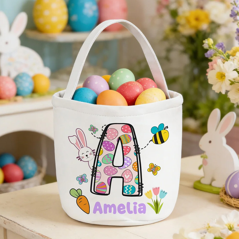 Personalized Easter Bunny Initial Canvas Easter Basket with Name Egg Hunting Accessories Easter Gift for Kids