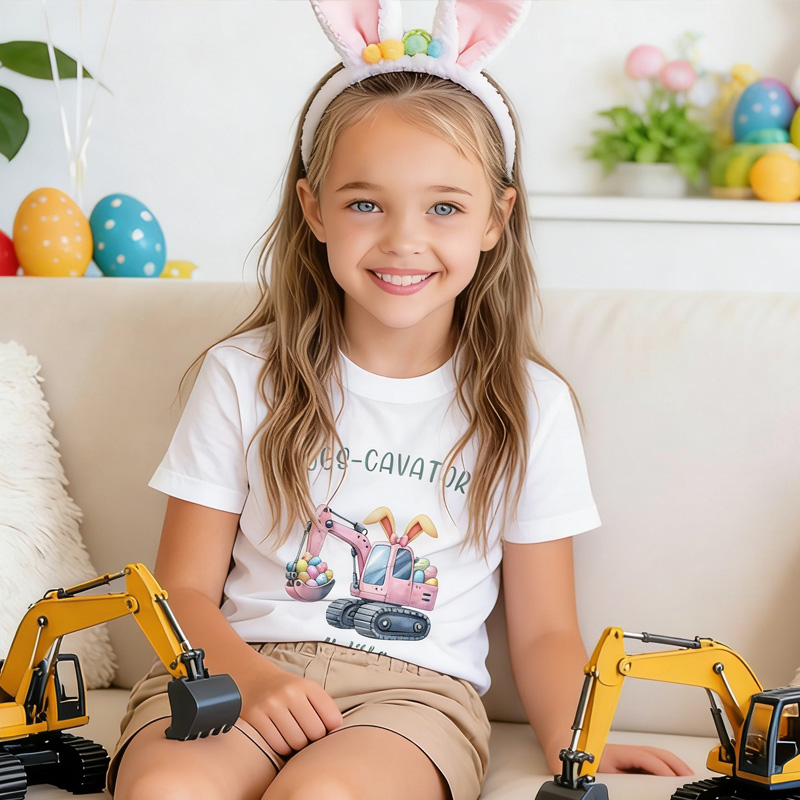 Personalized Cute Excavator Bunny Ear Initial 100% Cotton Bodysuit Kid T-shirt with Name Daily Wear Easter Gift for Babies Children