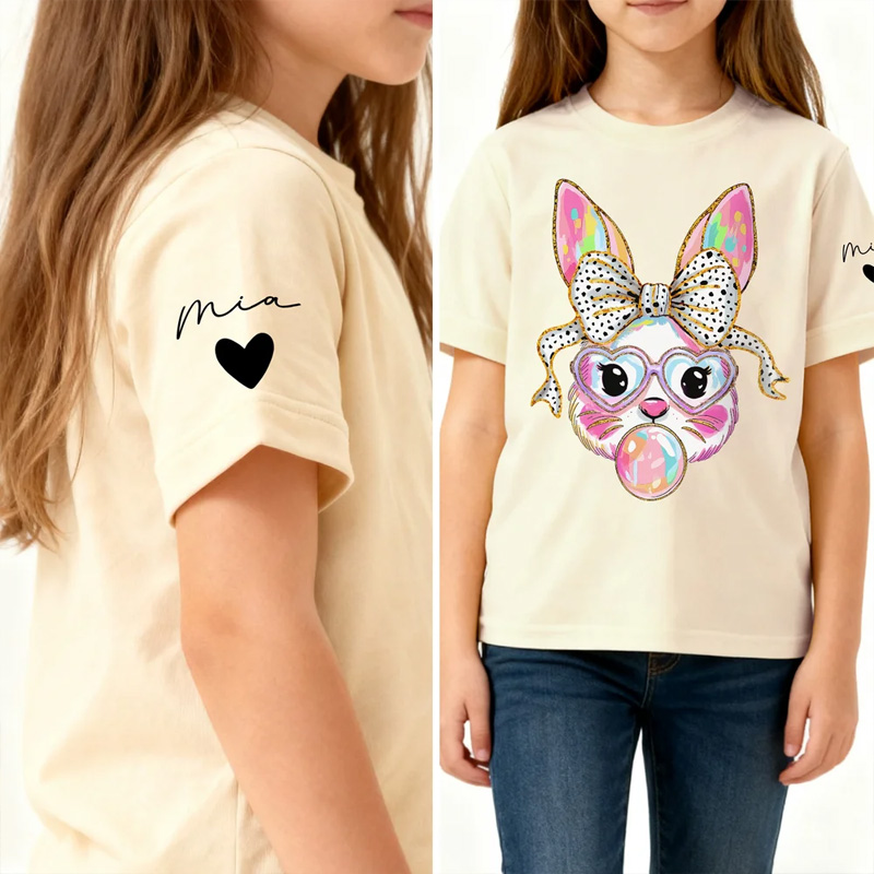 Personalized Cute Glitter Easter Bunny Multicolor T-shirt Sweatshirt with Name Easter Birthday Gift for Kids Friends