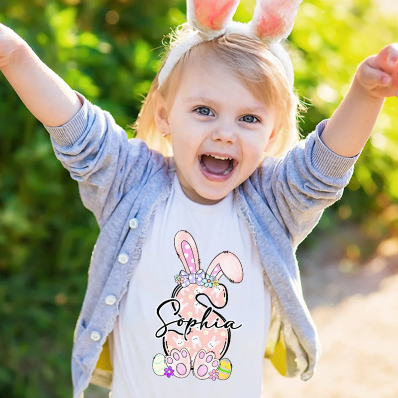 Personalized Multicolor Cute Easter Bunny Initial 100% Cotton T-shirt with Name Easter Party Gift for Boys Girls