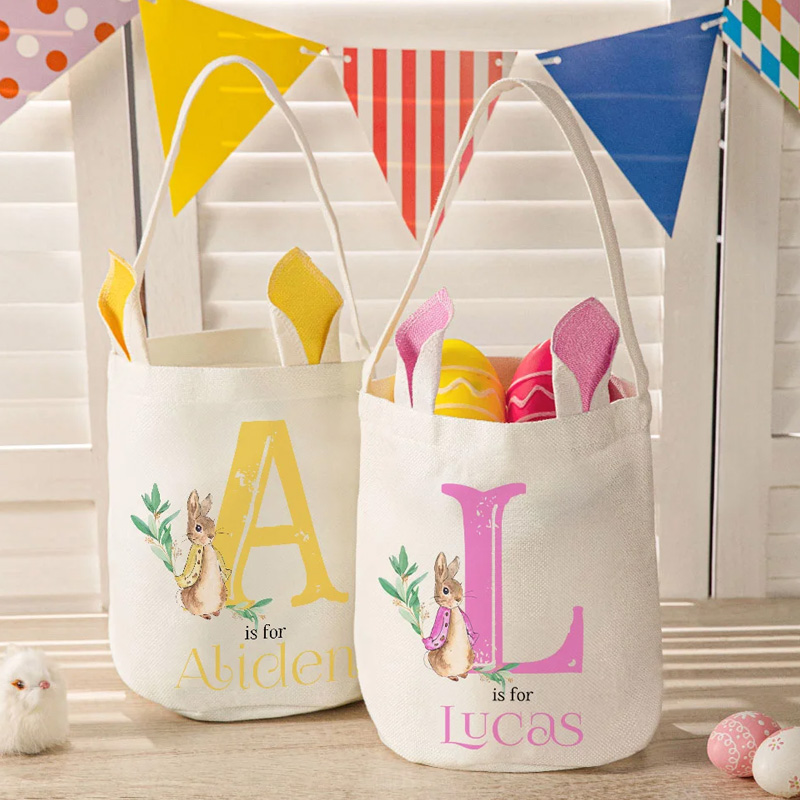 Personalized Cute Peter Rabbit Bunny Ears Bucket Bag Basket with Initial and Name Easter Egg Hunt Supplies Birthday Party Favors Gift for Kids