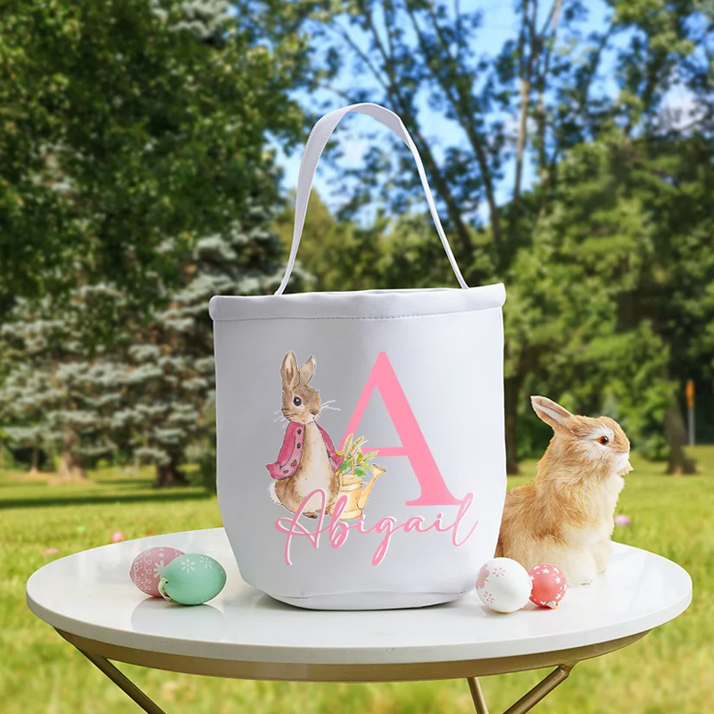 Personalized Cute Bunny with Initial and Name Large Canvas Candy Basket with Handle Funny Easter Eggs Hunting Gift for Boys Girls