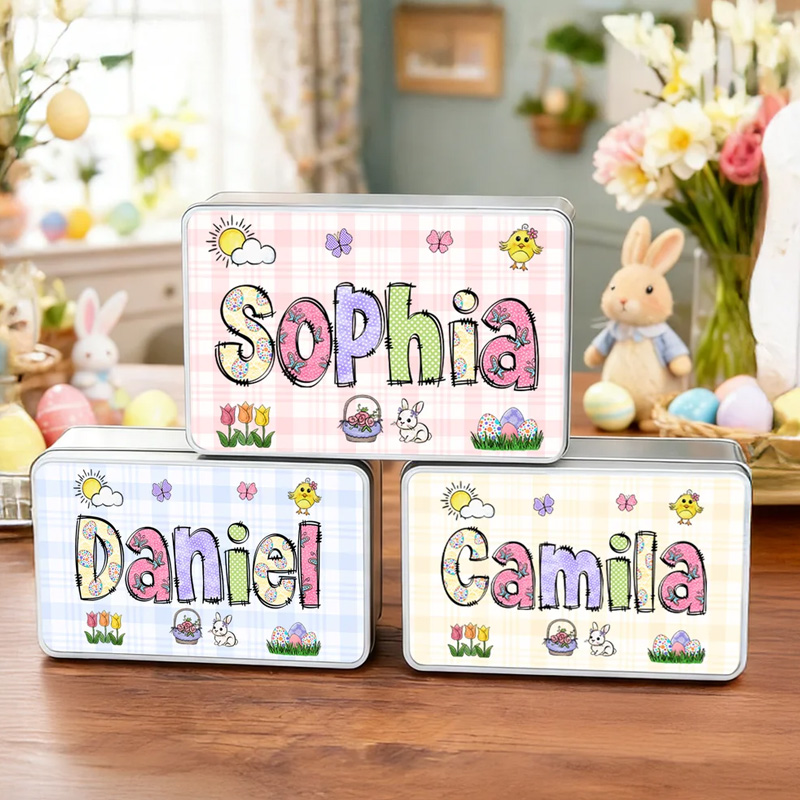 Personalized Rabbit Flowers Easter Eggs Food Grade Metal Biscuit Box with Name Daily Use Easter Gift for Boys Girls Kids