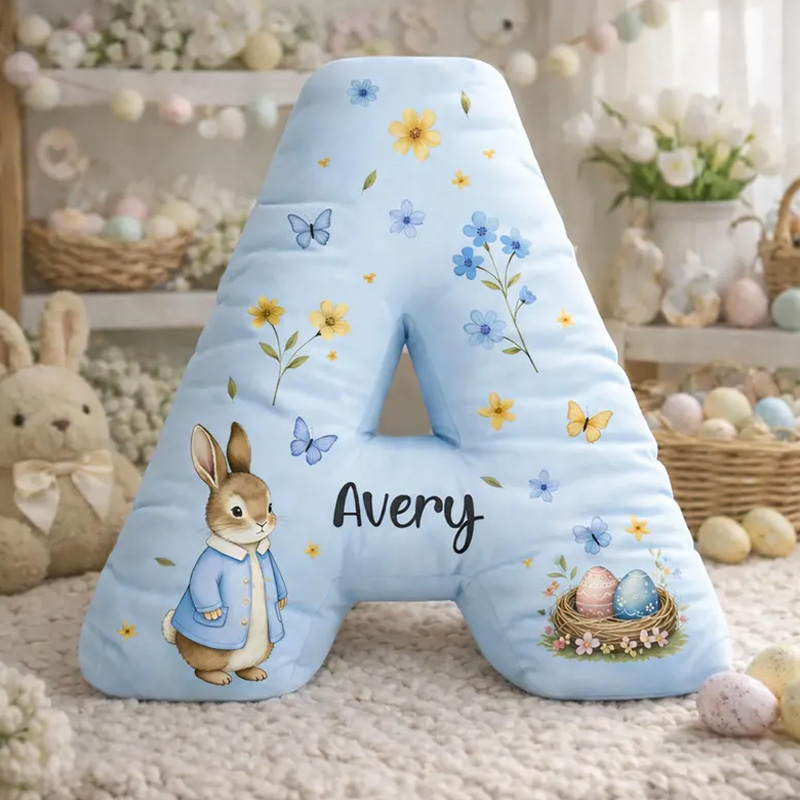 Personalized Adorable Bunny With Flowers Custom Name Initial Shaped Plush 3D Print Pillow