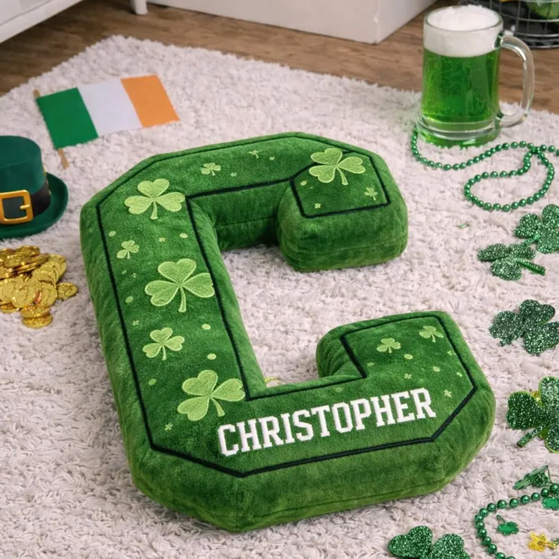 Personalized Bright Green Clover Leaf Custom Name Initial Shaped Decorative 3D Print Pillow