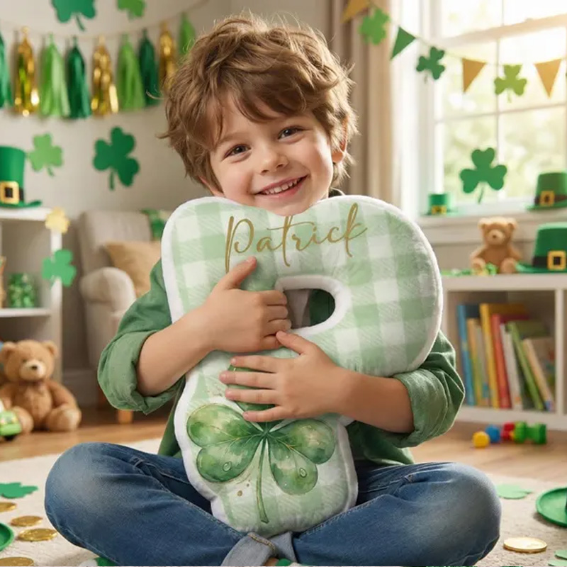 Personalized Cute Shamrock Custom Name Initial Shaped Green Check Decorative 3D Print Pillow