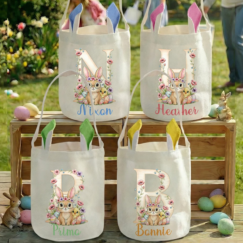 Personalized Flower Cute Bunny Ears Rabbit Easter Basket with Name and Initial Eggs Hunting Party Favor Easter Gift for Kids