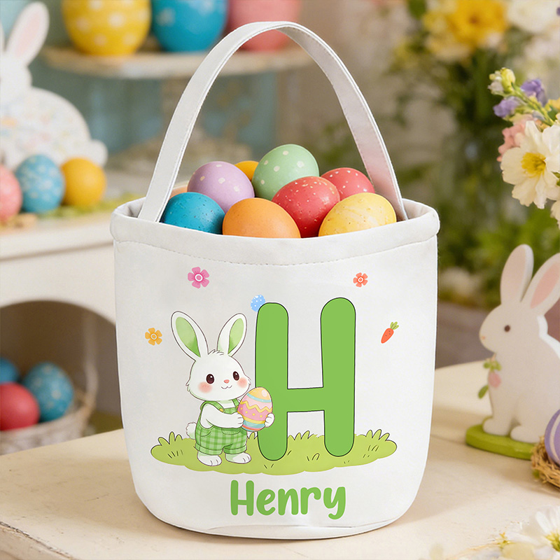 Personalized Adorable Bunny With Egg Custom Name Initial Shaped Holiday Basket