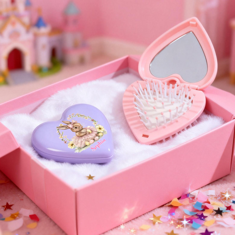Personalized Lovely Heart Style Custom Name Mini Mirror Detangling Travel Folding Cushion Comb