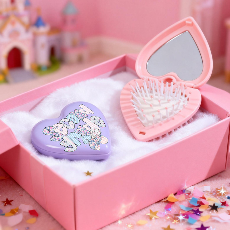 Personalized Heart Shaped Mirror Custom Name Cute Pattern Travel Folding Cushion Comb