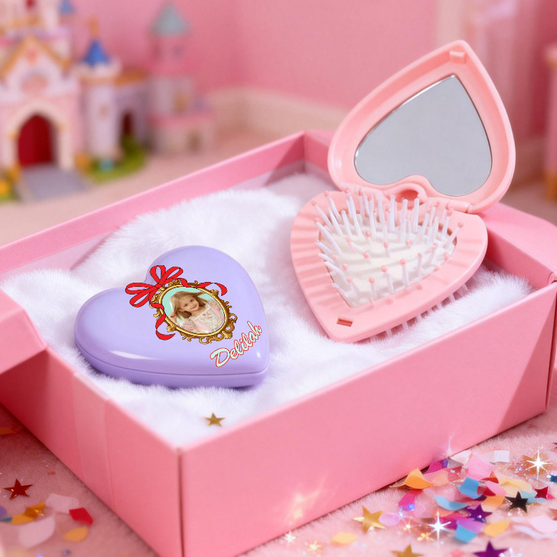 Personalized Sweet Heart Shaped Custom Name Mini Mirror Detangling Travel Folding Cushion Comb