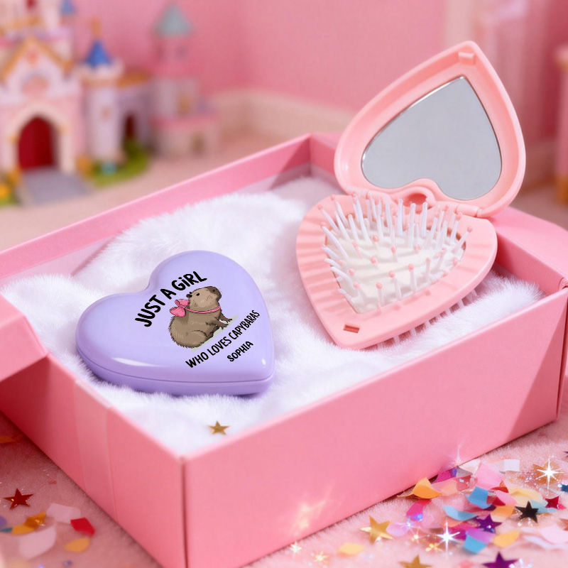 Personalized Lovely Heart Compact Custom Name Gift Portable Folding Cushion Comb Gift for Girl