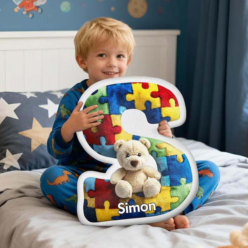 Personalized Colorful Puzzle Piece Initial Custom Name Kids Room Decor Soft 3D Print Pillow