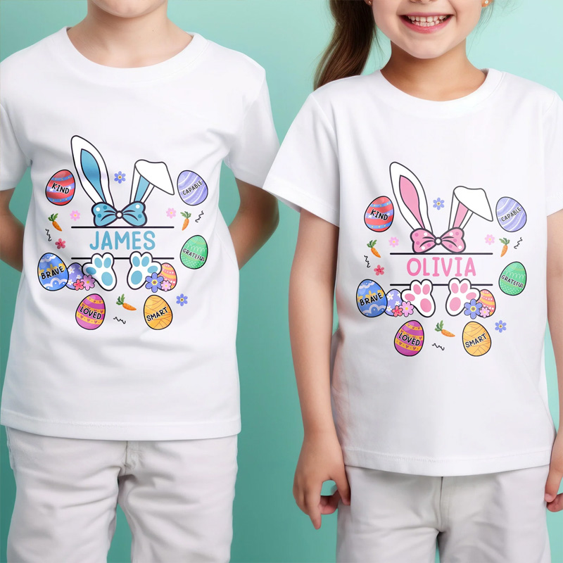 Personalized Cute Bunny Ears Easter Eggs Custom Name Holiday Gift Spring Outfit Kid T-shirt
