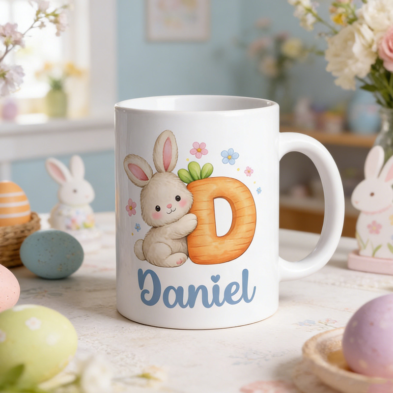 Personalized Cute Bunny Carrot Letter Custom Name Easter Gift Adorable Kids Cup Mug
