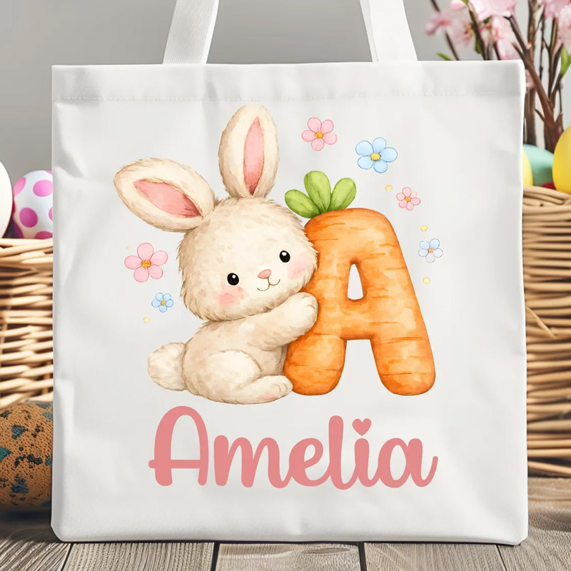 Personalized Adorable Rabbit Initial Custom Name Spring Celebration Kids Gift Canvas Bag