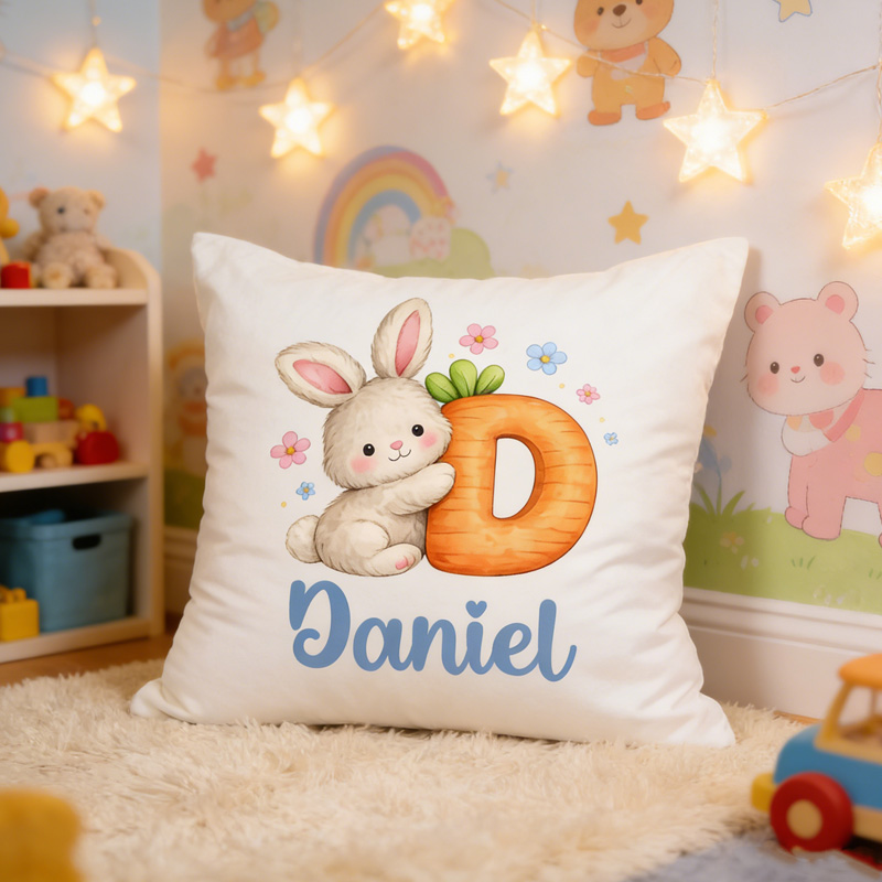 Personalized Adorable Rabbit Initial Custom Name Festive Holiday Decoration Kids Room Pillow