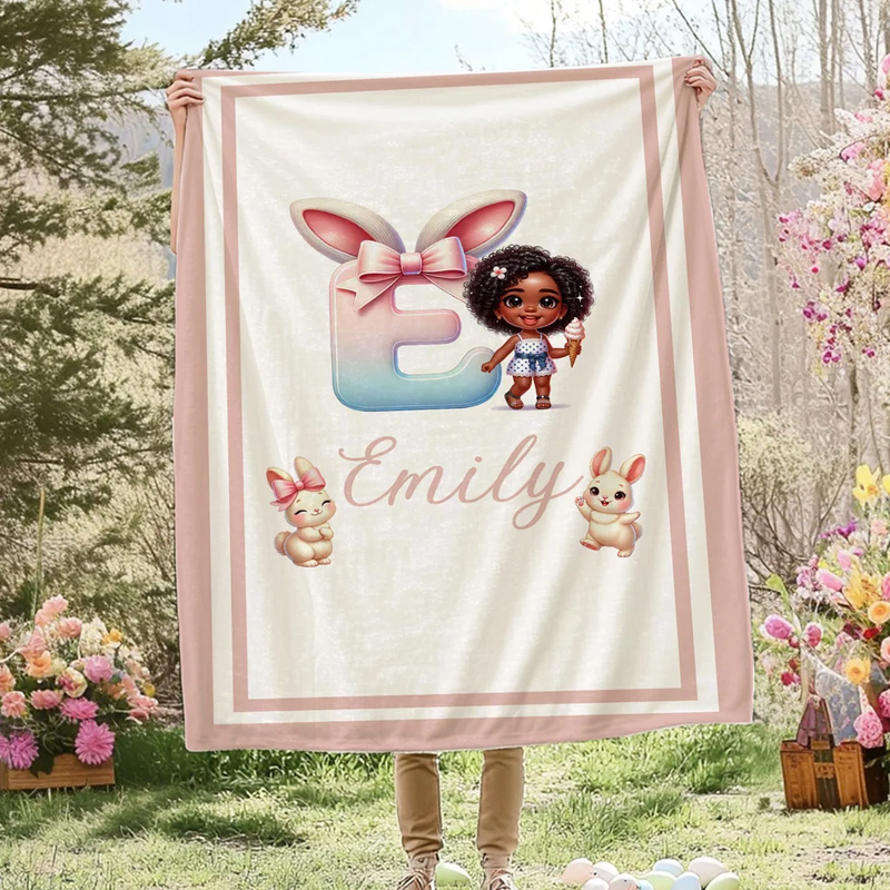Personalized Cartoon Black Girl Soft Throw Blanket with Name Home Decor Easter Birthday Gift for Girls