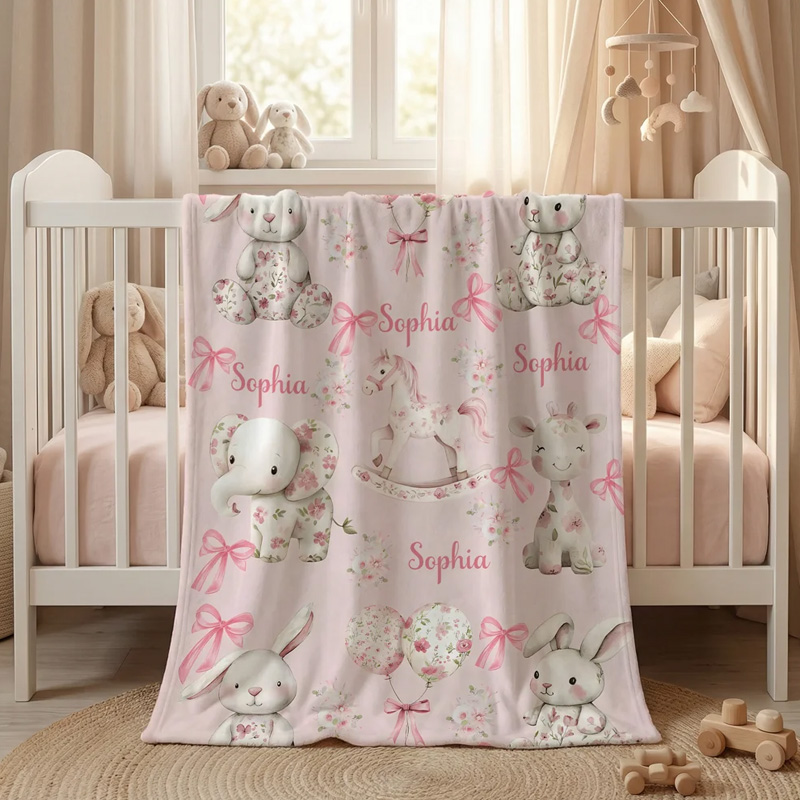 Personalized Floral Bunny Elephant Ponny Pink Soft Throw Blanket with Name Nursery Decor Easter Birthday Gift for Kids Girls