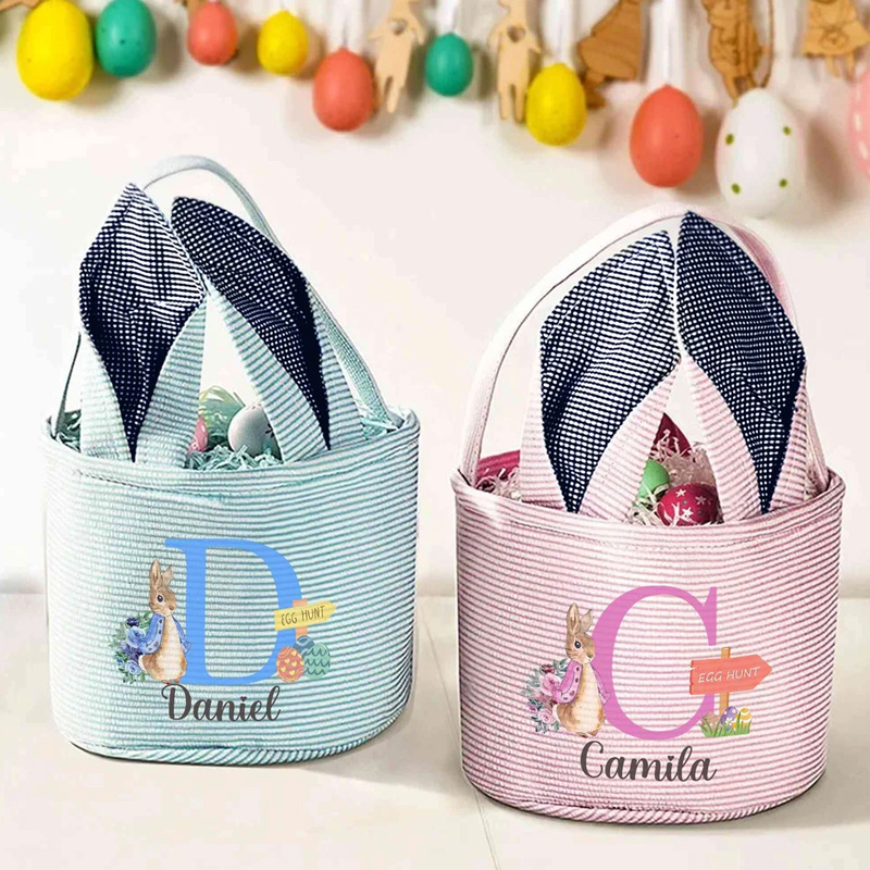 Personalized Cute Peter Rabbit Ears Stripe Easter Basket with Name and Initial Easter Party Favor Eggs Hunting Gift for Kids