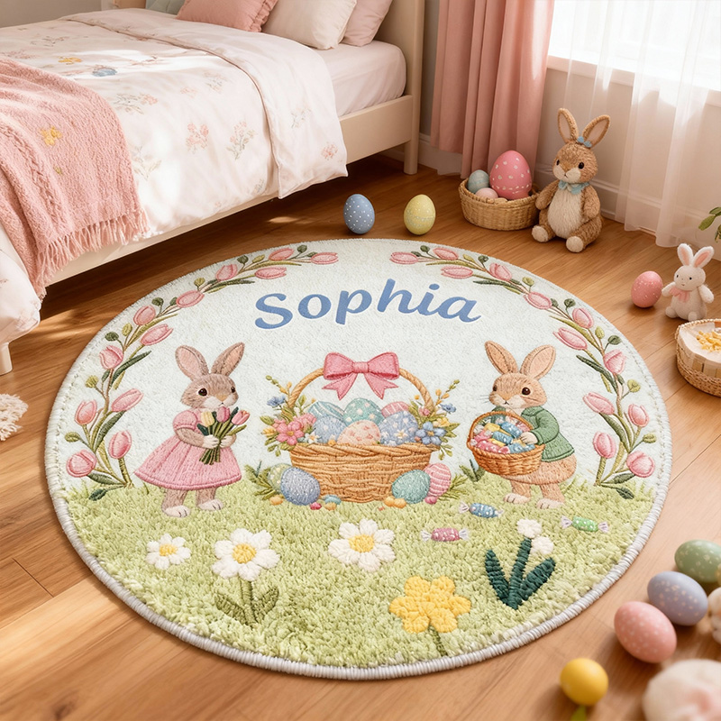 Personalized Cute Bunny Theme Custom Name Round Nursery Floor Mat Holiday Carpet Rug