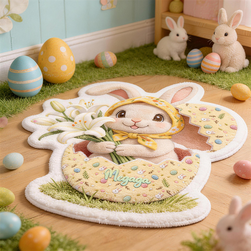 Personalized Floral Rabbit Design Custom Name Colorful Holiday Garden Welcome Carpet Rug