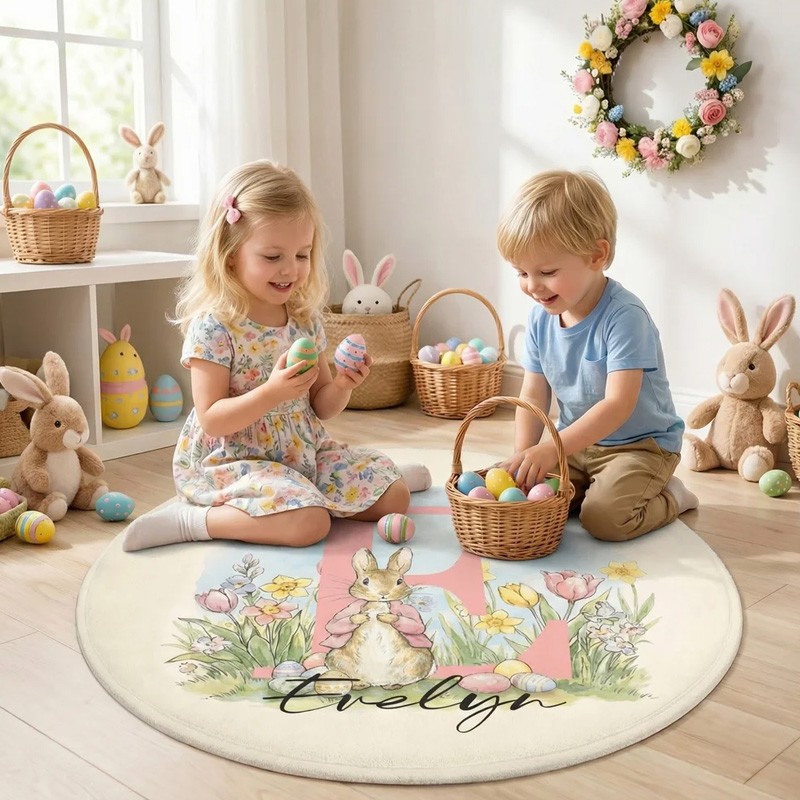 Personalized Cute Peter Rabbit Easter Egg Round Floor Mat with Name and Initial Home Decor Easter Gift for Infants Children