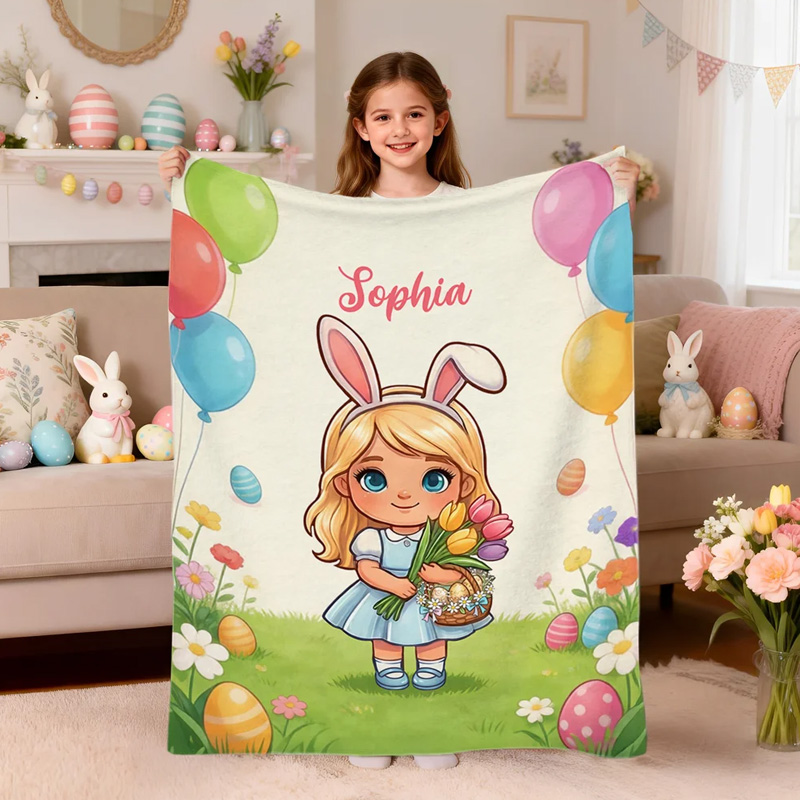 Personalized Cute Character Easter Egg Soft Throw Blanket with Name Home Use Easter Gift for Boys Girls