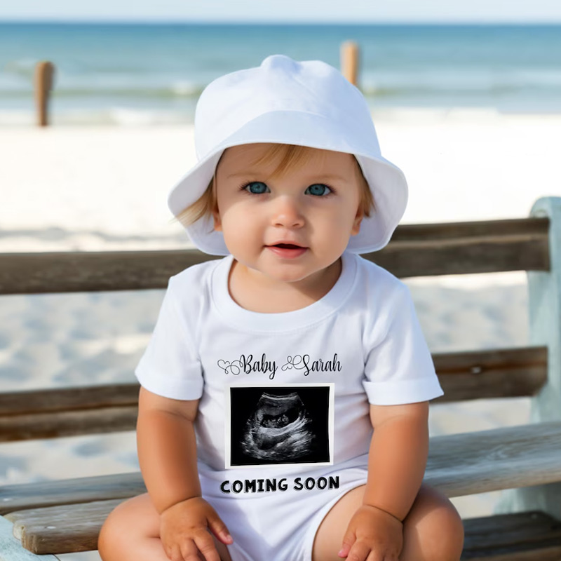 Personalized Pregnancy Announcement Theme Custom Name Ultrasound Photo Coming Soon Baby Bodysuit